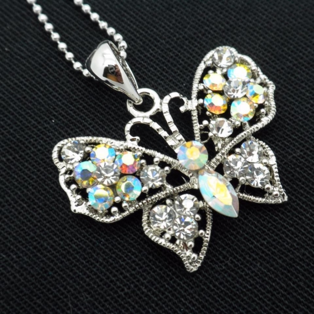 Butterfly AB Crystal Necklace White Gold Plated